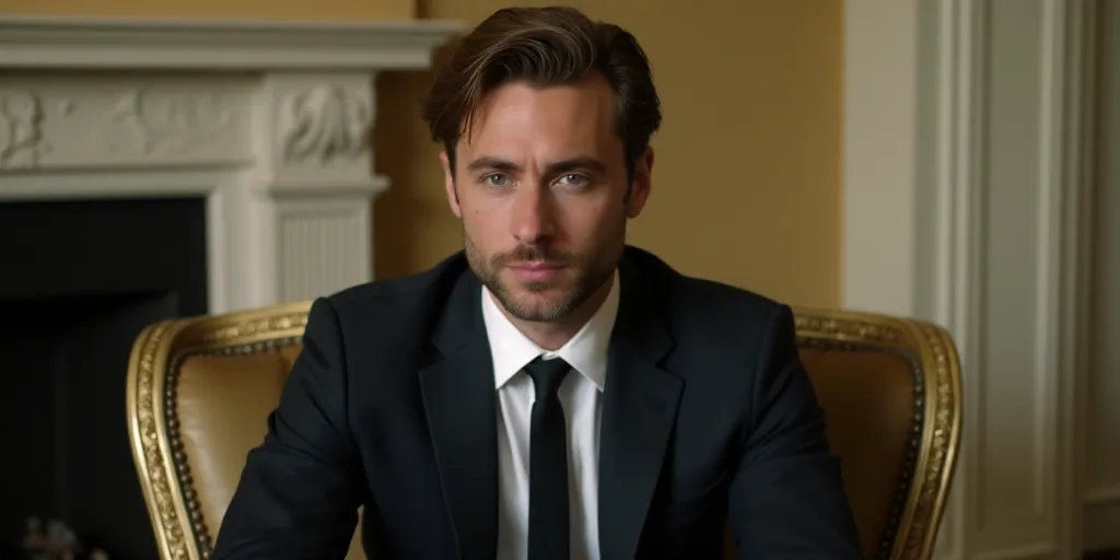 a man in a suit and tie sitting in a chair with a fireplace in the background and a gold and white w