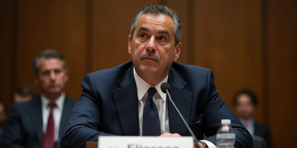 a man in a suit and tie sitting at a table with a microphone in front of him and a microphone in fro