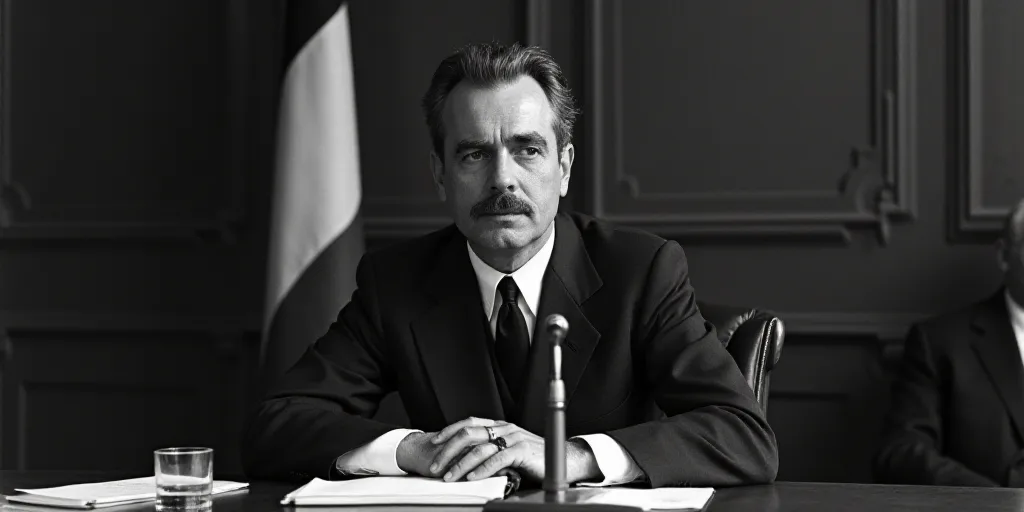 a man in a suit and tie sitting at a table with a microphone in front of him and a flag behind him,