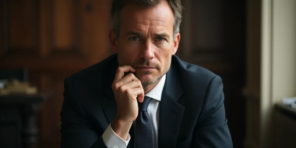 a man in a suit and tie sitting down with his hand on his chin and looking at the camera, Edward Oth