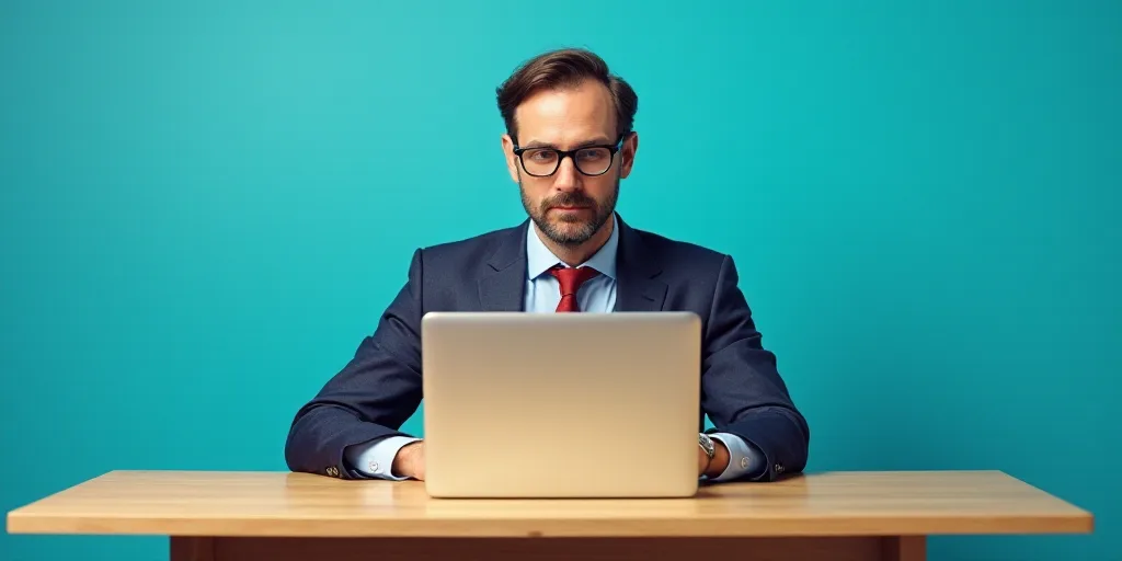 a man in a suit and tie sitting at a table with a laptop computer in front of him and a blue backgro