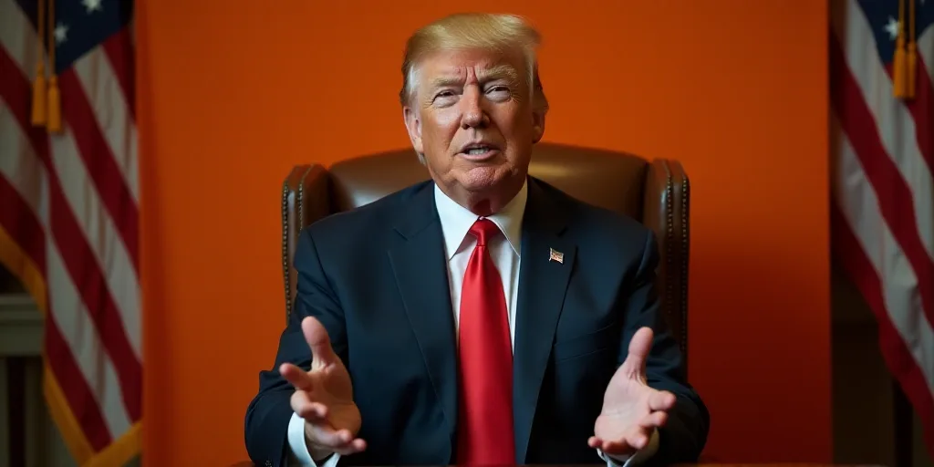 a man in a suit and tie sitting in a chair with his hands out in front of him and a flag behind him,