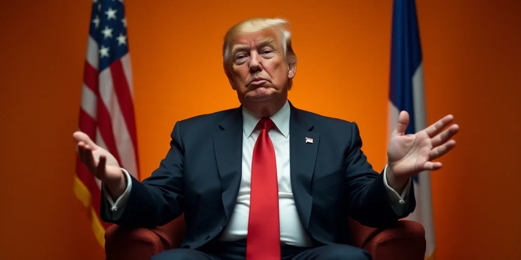 a man in a suit and tie sitting in a chair with his hands out in front of him and a flag behind him,