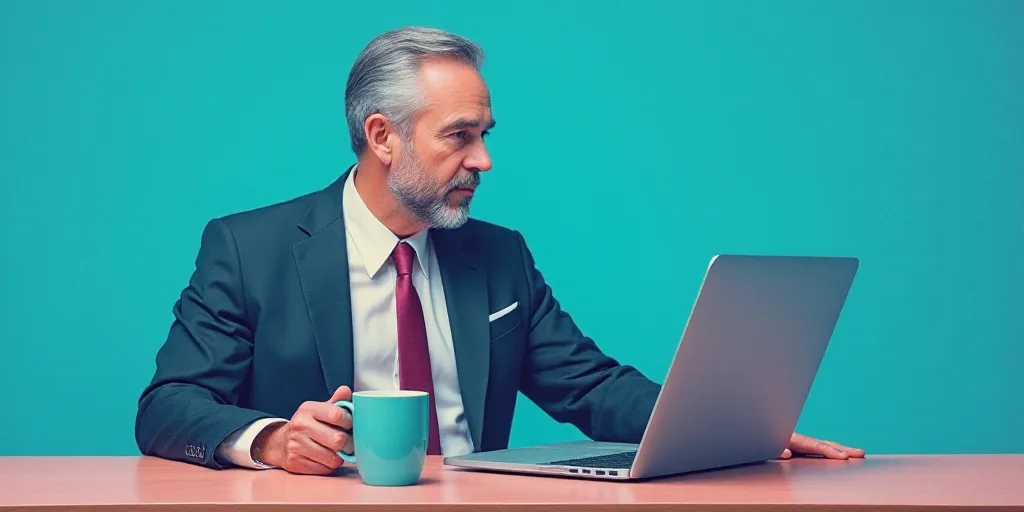 a man in a suit and tie sitting at a table with a laptop computer in front of him and a blue backgro