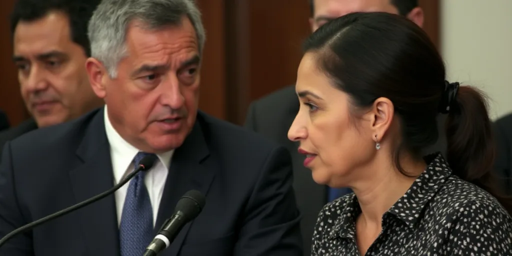 a man in a suit and tie speaking into a microphone with a woman in a black and white dress shirt, Fe
