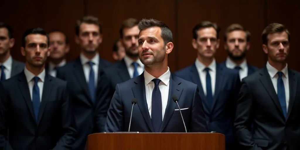 a man in a suit and tie speaking at a podium with other men in suits and ties behind him, André Fra