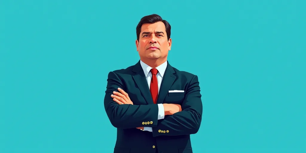 a man in a suit and tie standing with his arms crossed in front of him, with a blue background, Carl