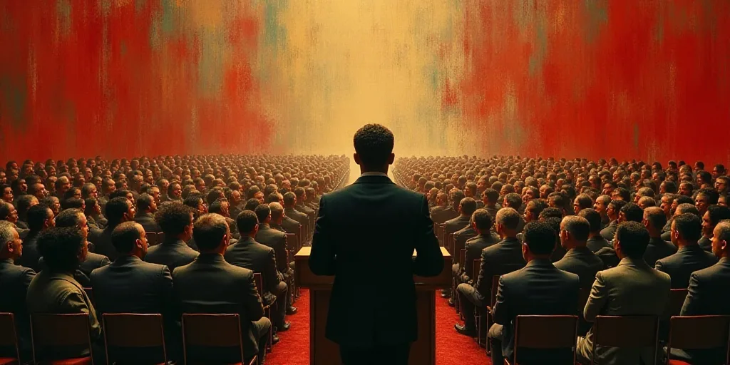 a man in a suit and tie standing at a podium in front of a crowd of people in a room, David Alfaro S