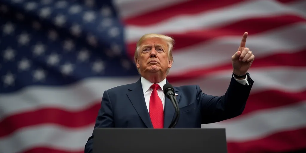 a man in a suit and tie standing in front of a flag with his hand out and pointing at something, Don