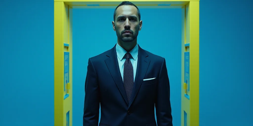 a man in a suit and tie standing in front of a blue background with a yellow border and a black and