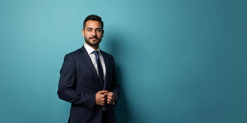 a man in a suit and tie standing in front of a blue background with a black and white photo, Alejand