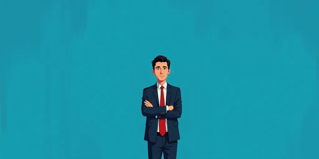 a man in a suit and tie standing with his arms crossed in front of him, with a blue background, Carl