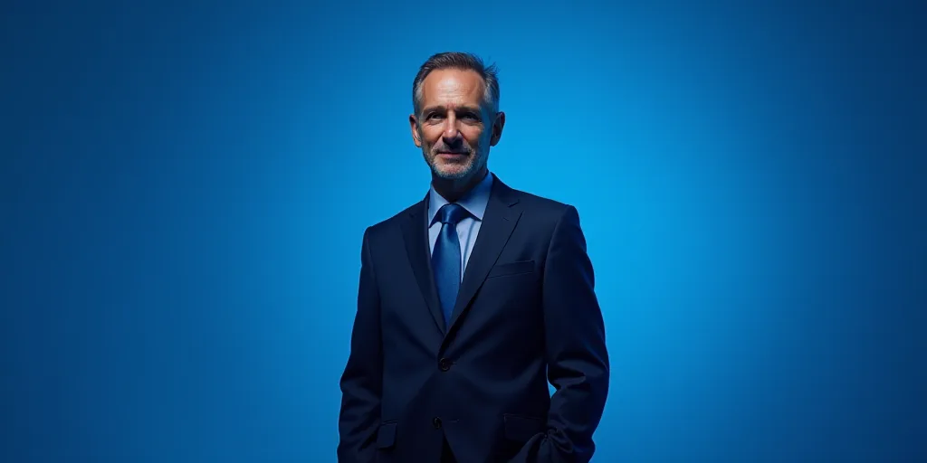 a man in a suit and tie standing in front of a blue background with the words antonio ai showbiz, An