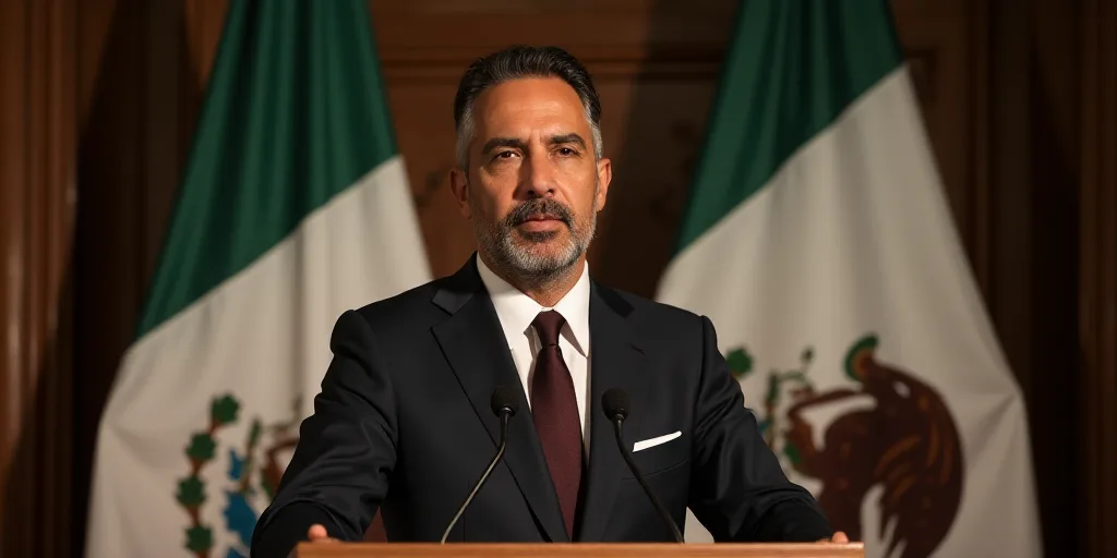 a man in a suit and tie standing at a podium with a mexican flag behind him and a mexican flag behin