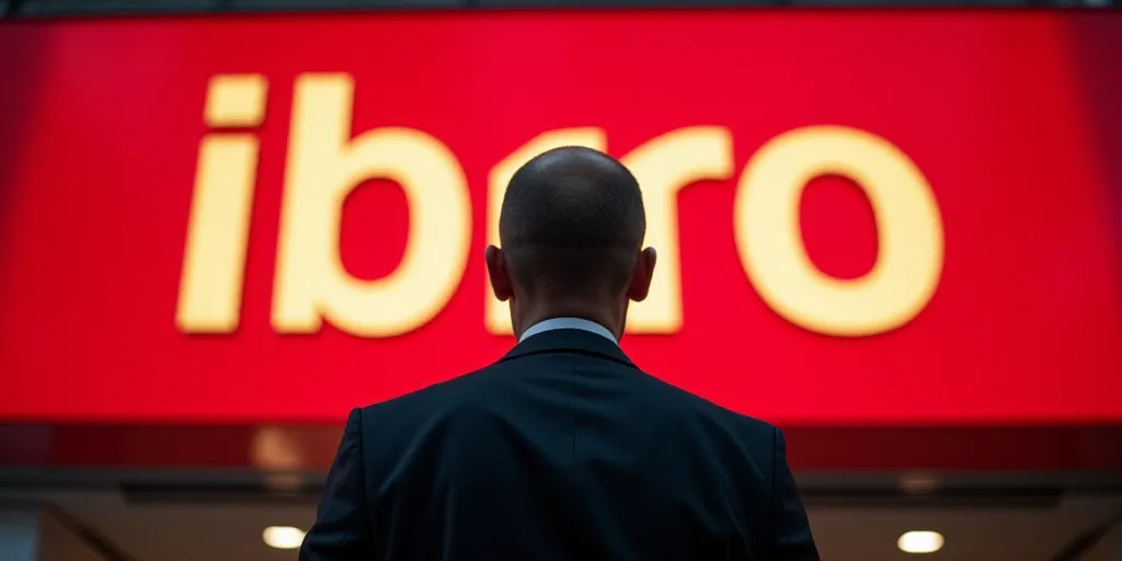 a man in a suit and tie standing in front of a red sign with the words ibrro on it, Federico Uribe,
