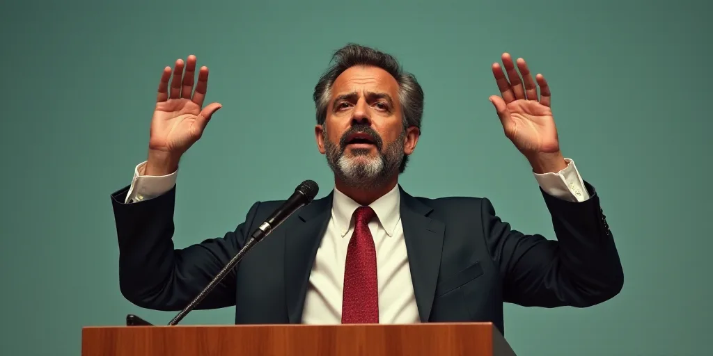 a man in a suit and tie standing at a podium with his hands up in the air and a microphone in front