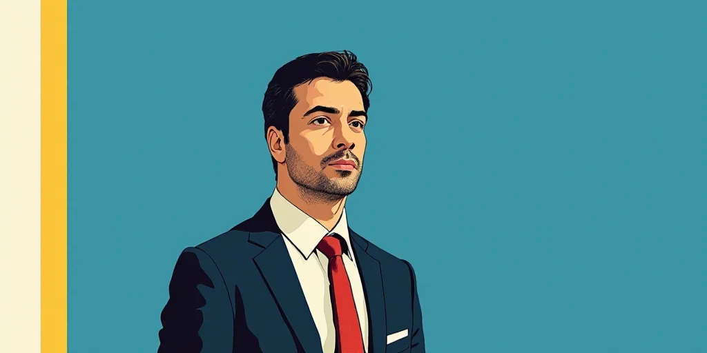 a man in a suit and tie standing in front of a blue background with a white and yellow border, Carlo
