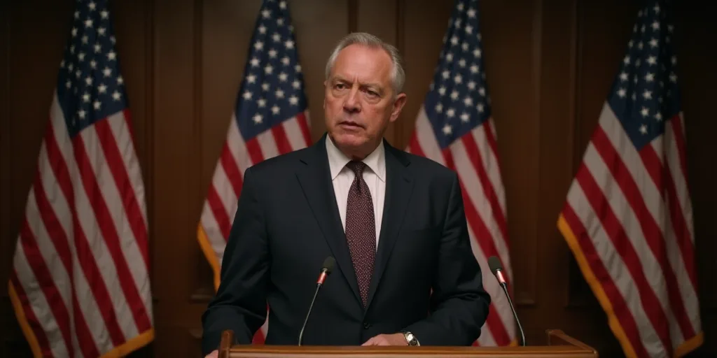 a man in a suit and tie standing in front of american flags and microphones in a room with a podium,