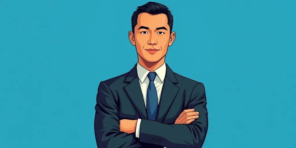 a man in a suit and tie standing with his arms crossed in front of him, with a blue background, Carl