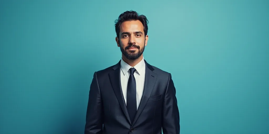 a man in a suit and tie standing in front of a blue background with a caption that reads, louis migu