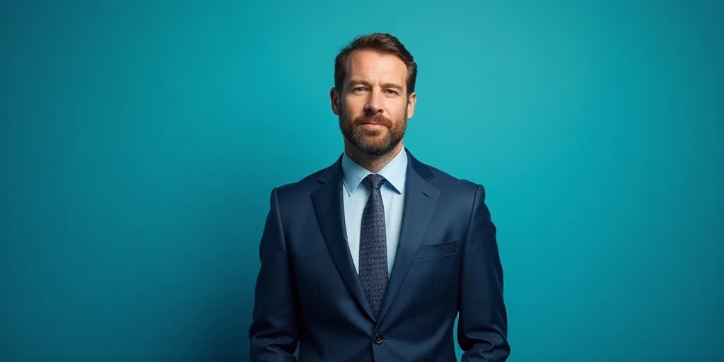 a man in a suit and tie standing in front of a blue background with a caption that reads demeterio s