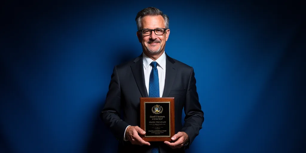 a man in a suit and tie standing in front of a blue backdrop with a plaque in his hand, Cliff Childs