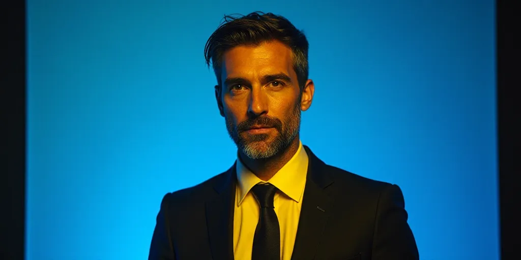 a man in a suit and tie standing in front of a blue background with a black and yellow border, Eduar