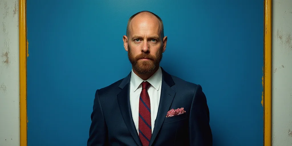 a man in a suit and tie standing in front of a blue background with a white and yellow border, Edwar