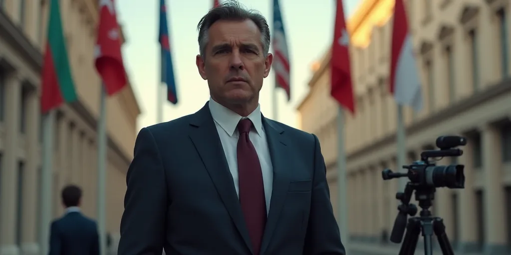 a man in a suit and tie standing in front of a building with flags behind him and a camera, André P