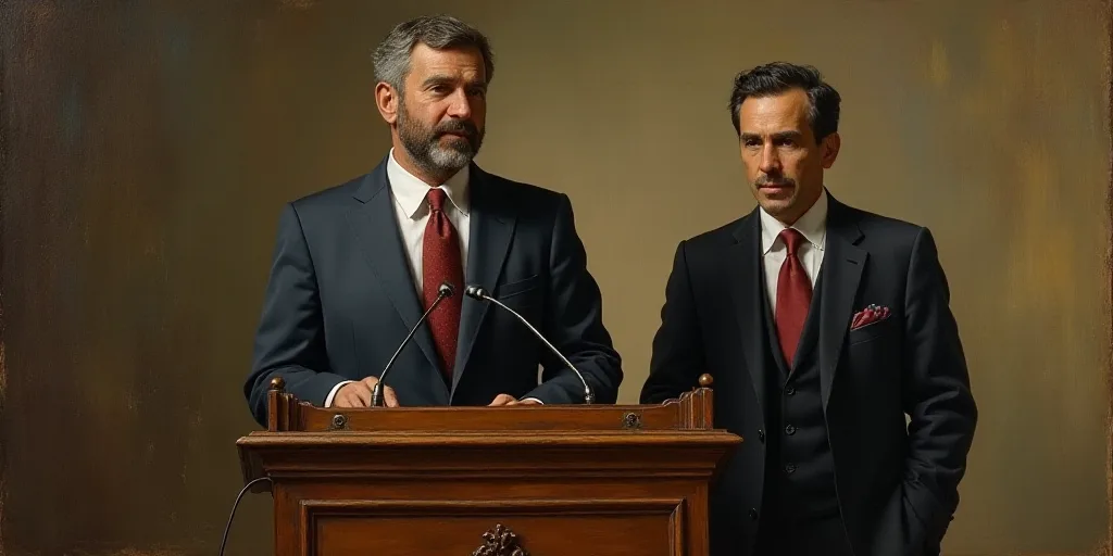 a man in a suit and tie standing at a podium with a microphone in front of him and a man in a suit a
