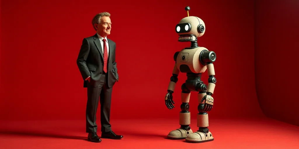 a man in a suit and tie standing next to a robot on a red carpet with a red background, Bourgeois, c