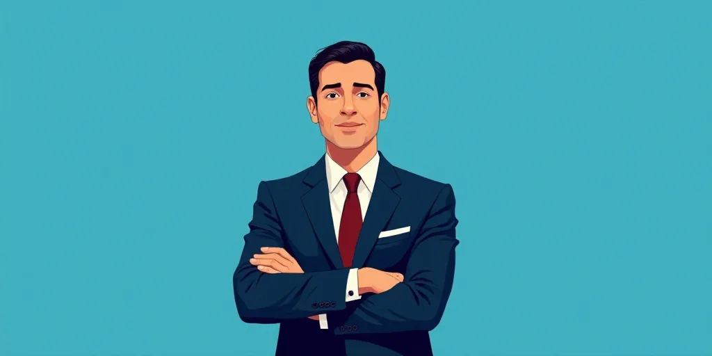 a man in a suit and tie standing with his arms crossed in front of him, with a blue background, Carl