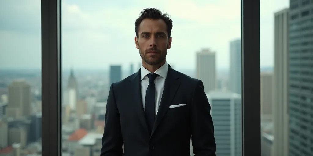 a man in a suit and tie standing in front of a window with a view of a city behind him, Eduardo Lefe