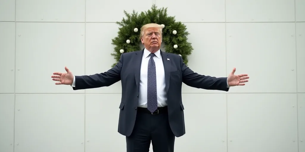 a man in a suit and tie standing in front of a white wall with a wreath on it and his arms out, Dona