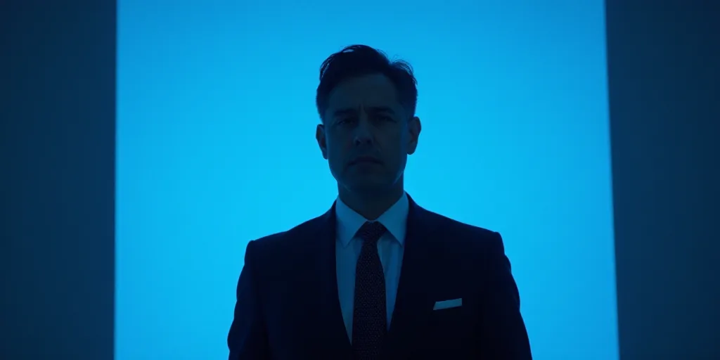 a man in a suit and tie standing in front of a blue background with a caption that reads miguel gonz