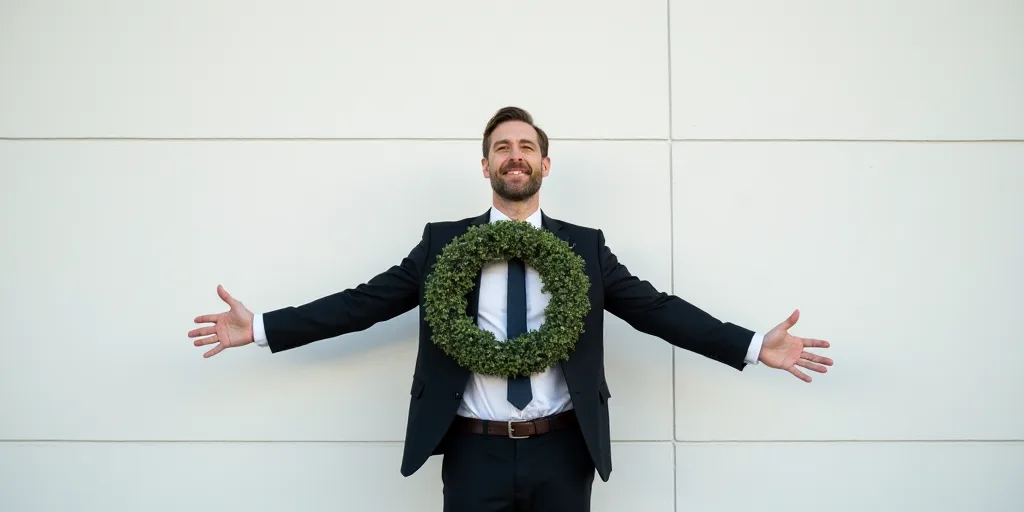 a man in a suit and tie standing in front of a white wall with a wreath on it and his arms out, Dona