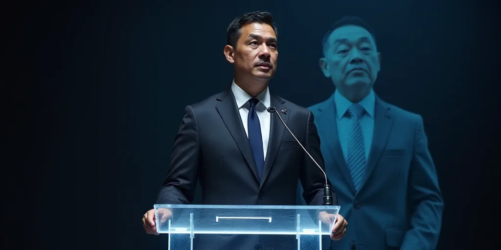 a man in a suit and tie standing at a podium with a microphone in front of him and a microphone in t