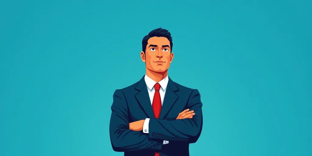 a man in a suit and tie standing with his arms crossed in front of him, with a blue background, Carl
