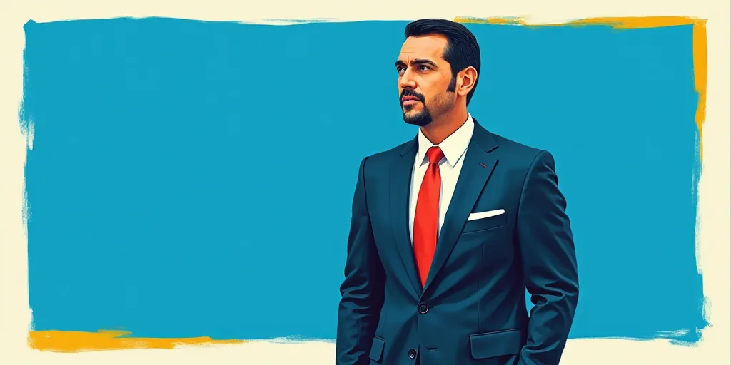 a man in a suit and tie standing in front of a blue background with a white and yellow border, Carlo