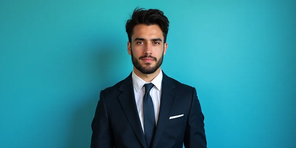 a man in a suit and tie standing in front of a blue background with a black and white photo, Alejand