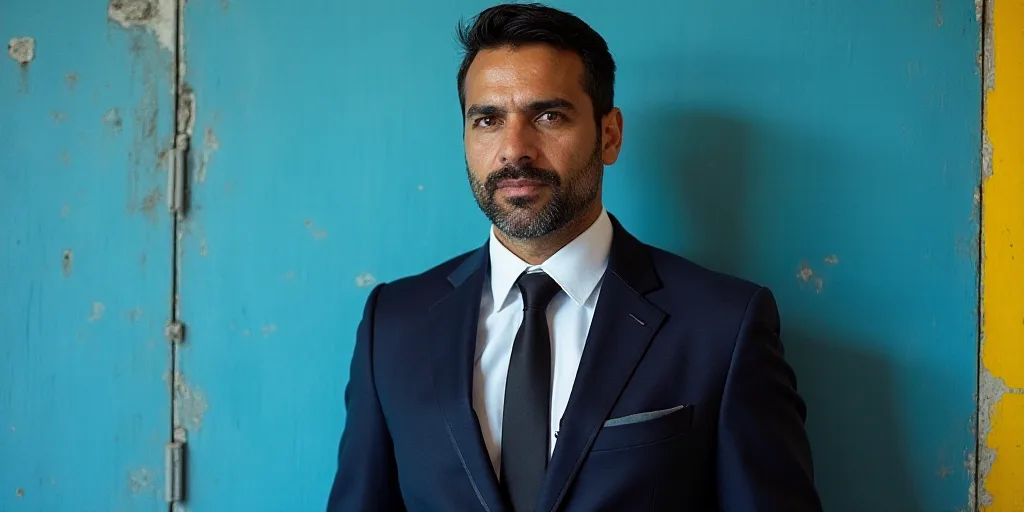 a man in a suit and tie standing in front of a blue background with a yellow border and a black and