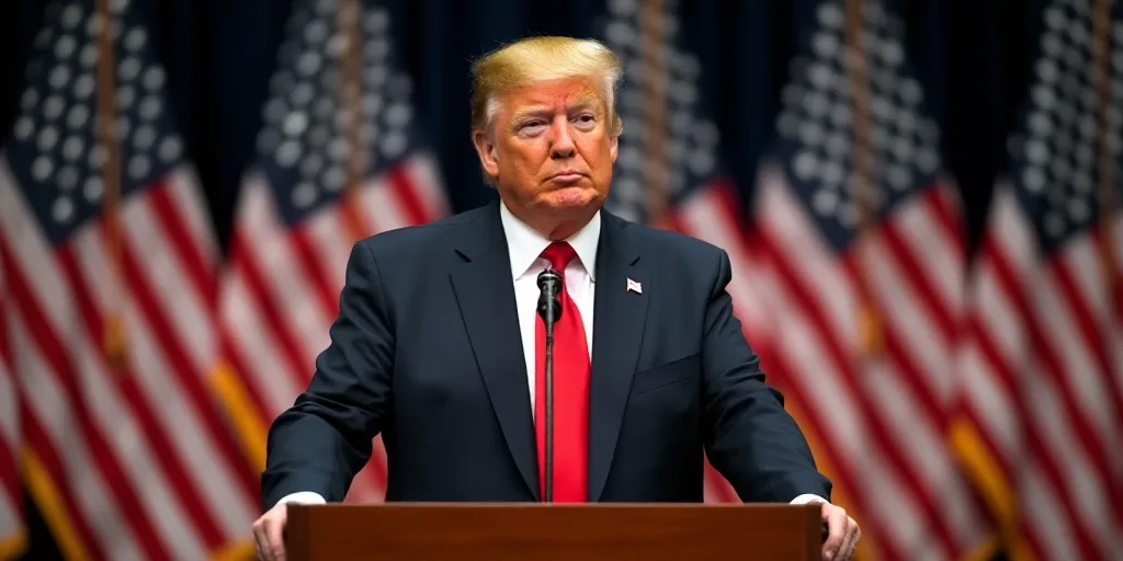 a man in a suit and tie standing at a podium in front of american flags and flags in the background,