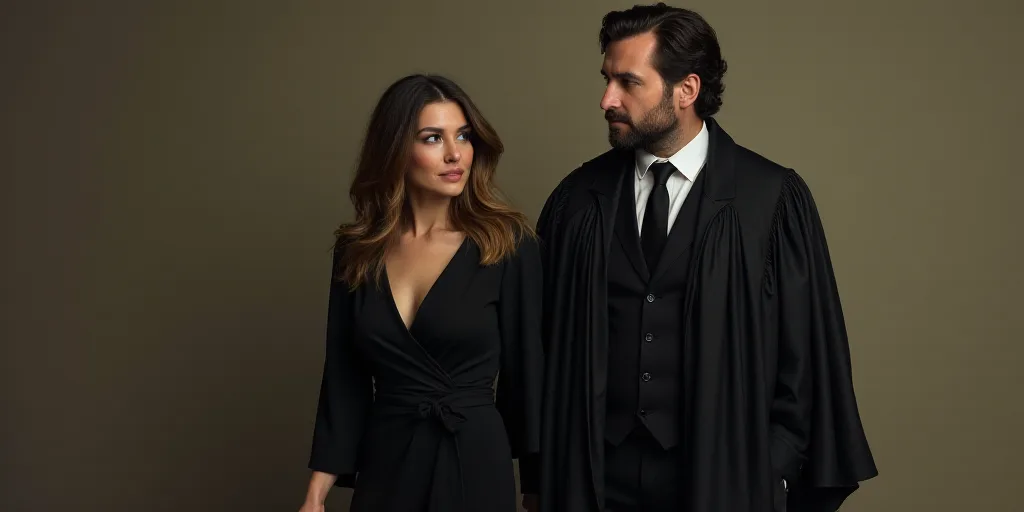 a man in a suit and tie standing next to a robe of black material and a woman in a black dress, Anto