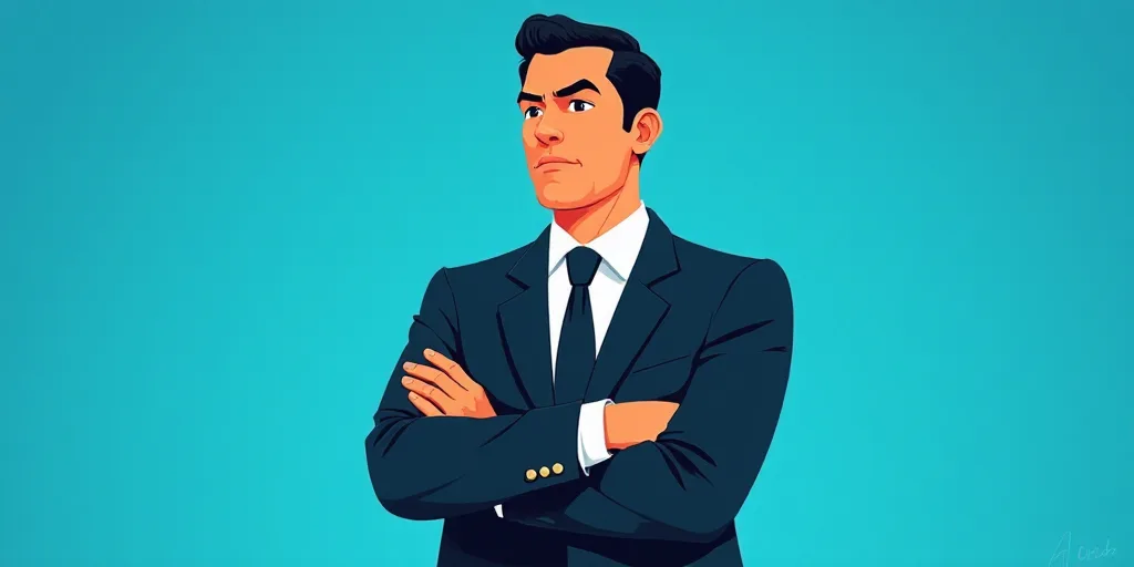 a man in a suit and tie standing with his arms crossed in front of him, with a blue background, Carl