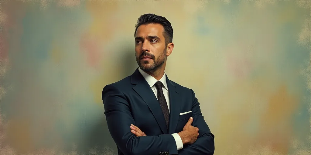 a man in a suit and tie standing with his arms crossed in front of him, with the caption of a photo
