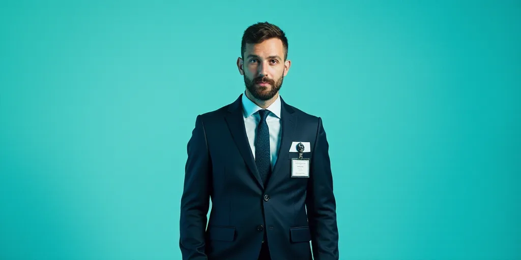 a man in a suit and tie standing in front of a blue background with a name tag for a business, Edwar