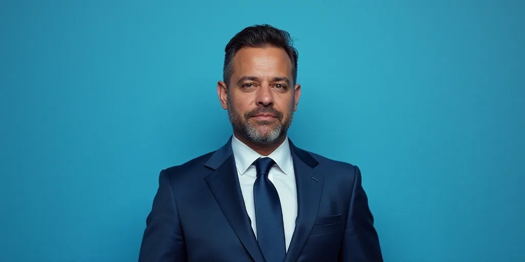 a man in a suit and tie standing in front of a blue background with a caption that reads, louis migu