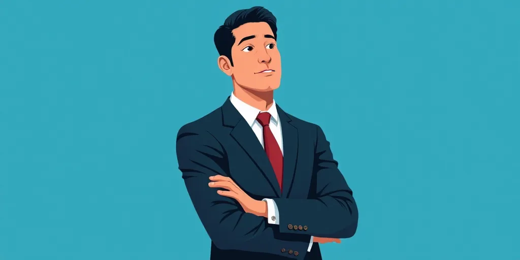 a man in a suit and tie standing with his arms crossed in front of him, with a blue background, Carl