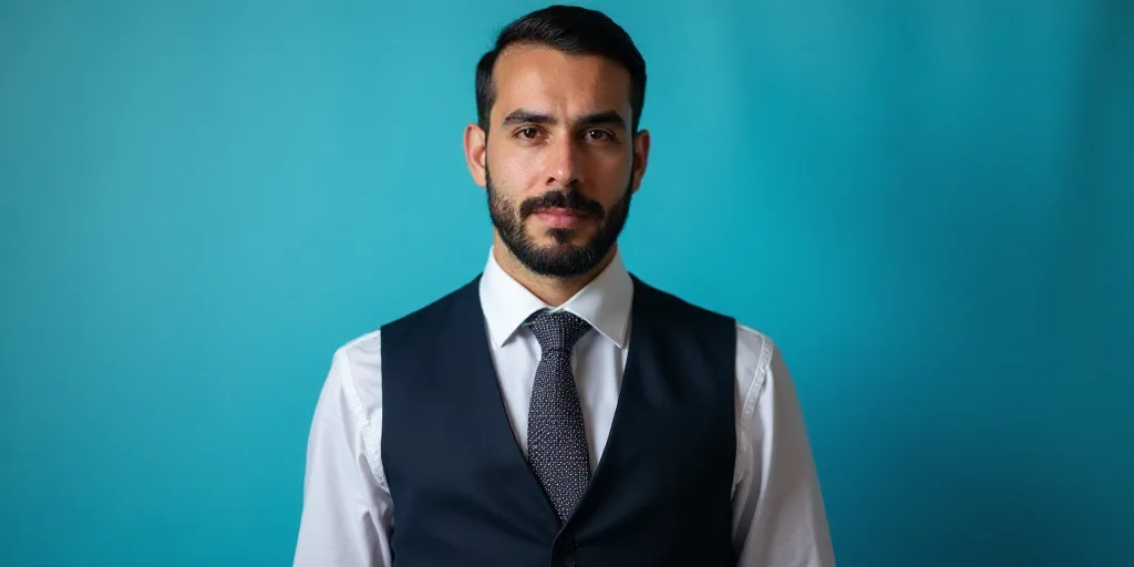 a man in a suit and tie standing in front of a blue background with a black and white photo, Alejand