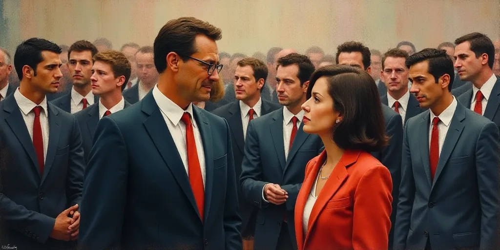 a man in a suit and tie talking to a woman in a crowd of people in suits and ties, Art Fitzpatrick,